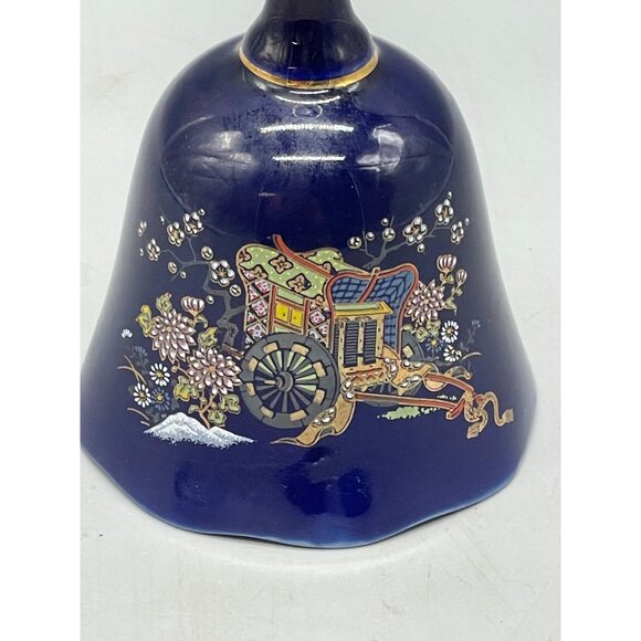 ceramic cobalt blue bell Japanese porcelain gold handle tip floral carriage READ - Picture 5 of 7
